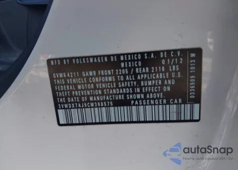 2012 Volkswagen Jetta 2.5L Se from USA, damaged, VIN 3VWDX7AJ9CM368575